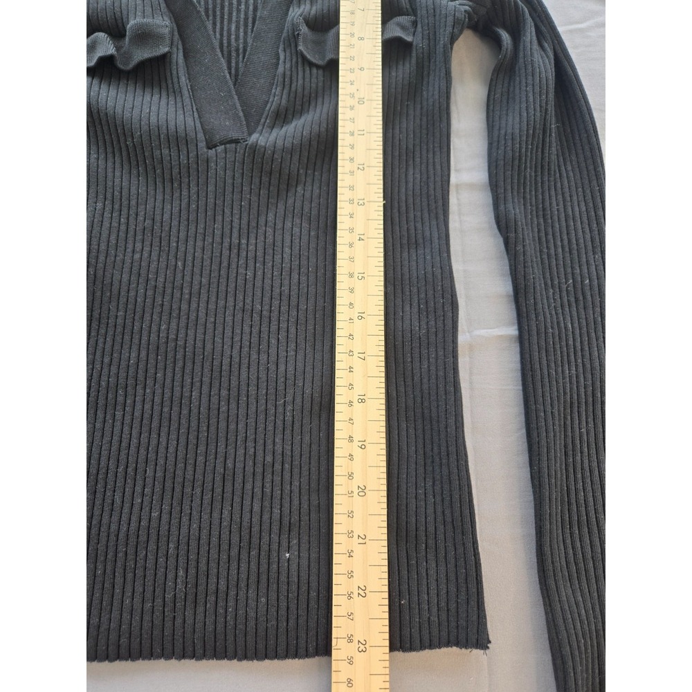 Zara Ribbed Collared Sweater V-Neck Cotton Front Fake Pockets Black Quiet Luxury - Picture 15 of 16